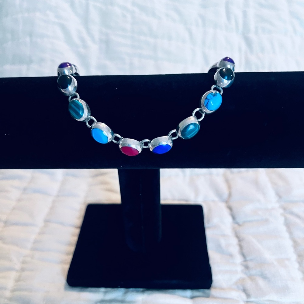 VINTAGE* Taxco Mexico 925 TN Sterling Silver Multi Gemstone Bracelet 8”